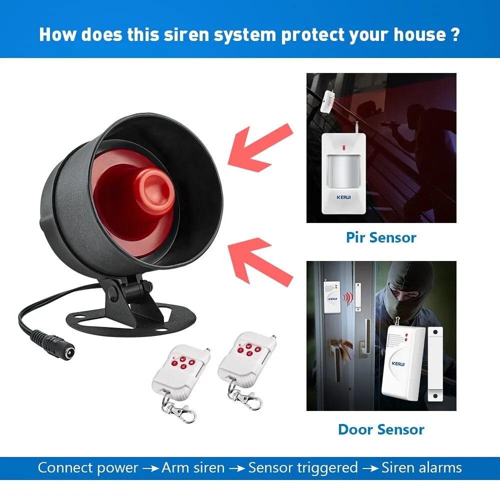 KERUI Security Alarm System Kit 110dB Wireless Loud Indoor/Outdoor Weatherproof Siren Horn with Remote Control and Door Contact. 