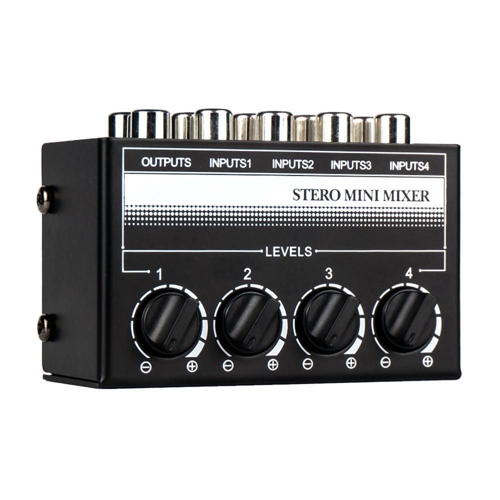 4 Channel Stereo Audio Mixer Support RCA Input and Output Mini Passive Stereo Mixer with Separate Volume Controls. 