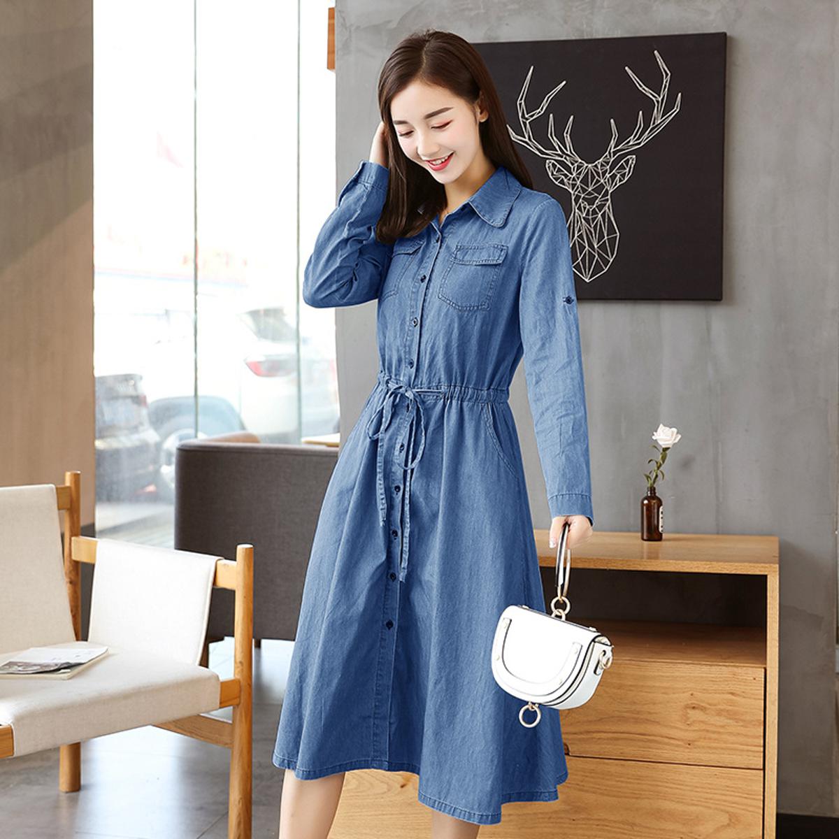Maxi Dress Jeans Ke Frock Elegant Denim Maxi With High Neck Detail