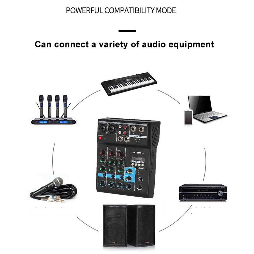 4 Channel Bluetooth Mixer Audio Mixing DJ Console with Reverb Effect. 