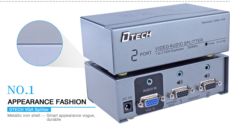 DTECH Powered 2 Port VGA Splitter Box SVGA Video Distribution 1 PC to 2 Monitor. 
