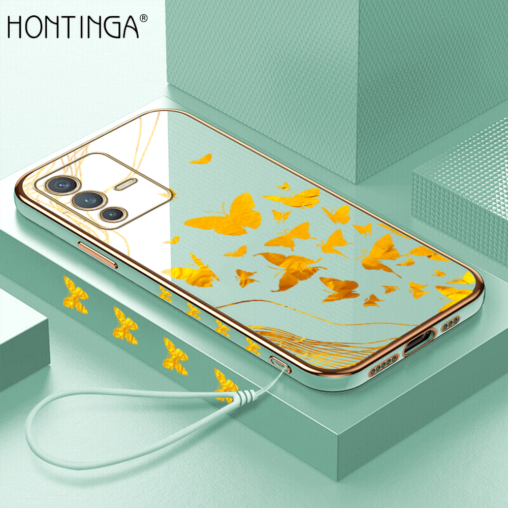 Hontinga for Vivo V23 5G Back Cover With Lanyard Luxury 6D Plating Shiny Golden Butterfly Case Soft Silicone Square Mobile Cover