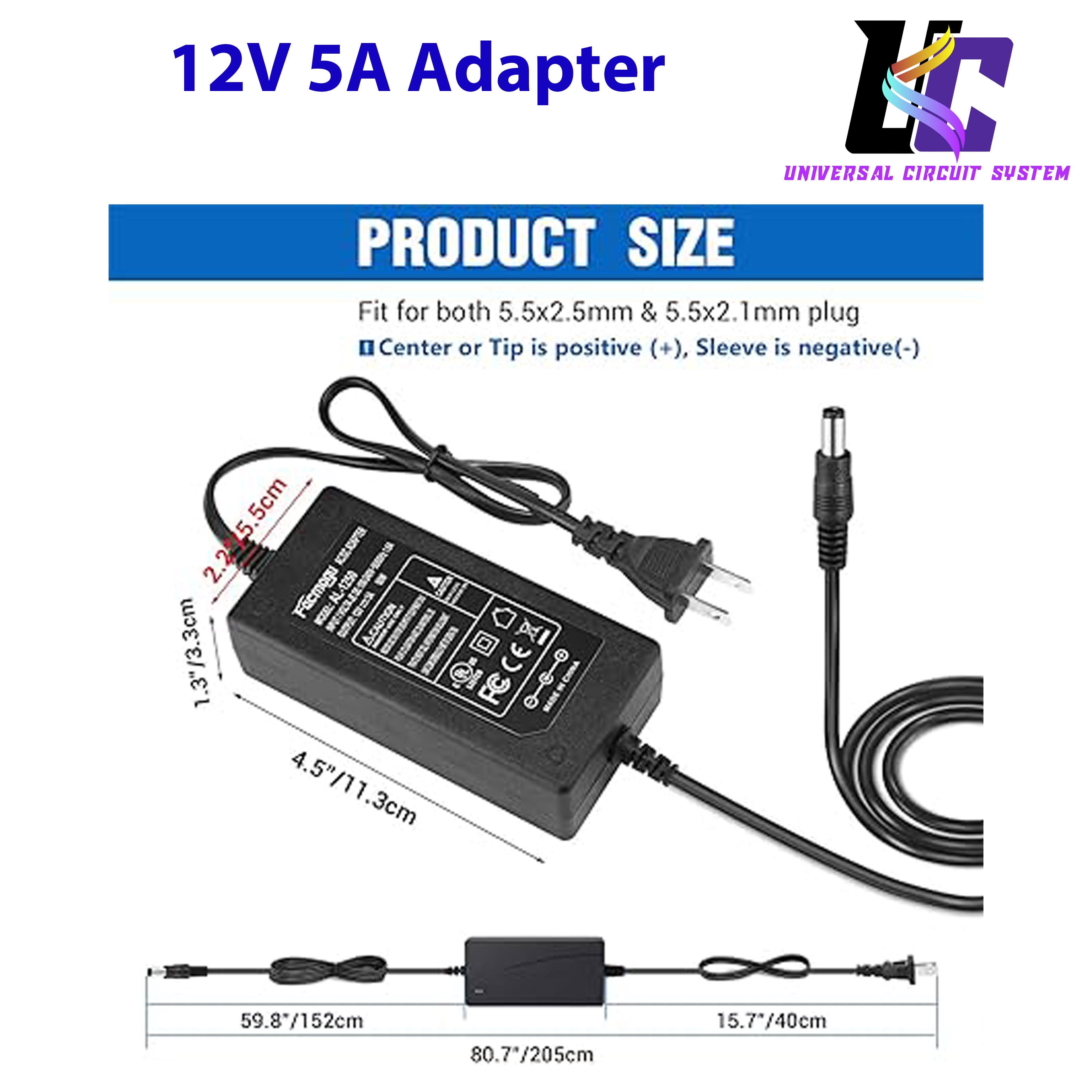 220V to 12V 5A Power Supply Led Strip Light Transformer Input with 5.5x2.1mm 60W AC DC Adapter. 