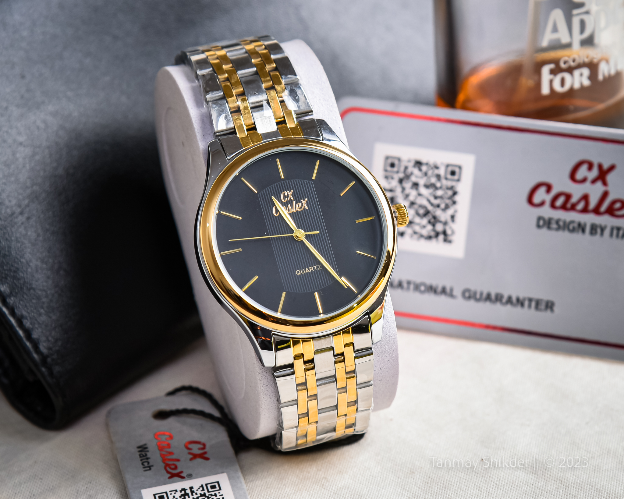 CX-Caslex 8268 Unique Design Fashionable Casual Classic Analog Men's Stainless Steel Wrist Watch For Men- Two Tone Black. 