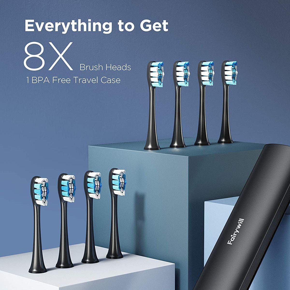 Fairywill Electric Toothbrush P80 Smart Timer Quiet IPX7 Waterproof Fast Charging 8 Replacement Heads 5 Modes with Travel Case. 