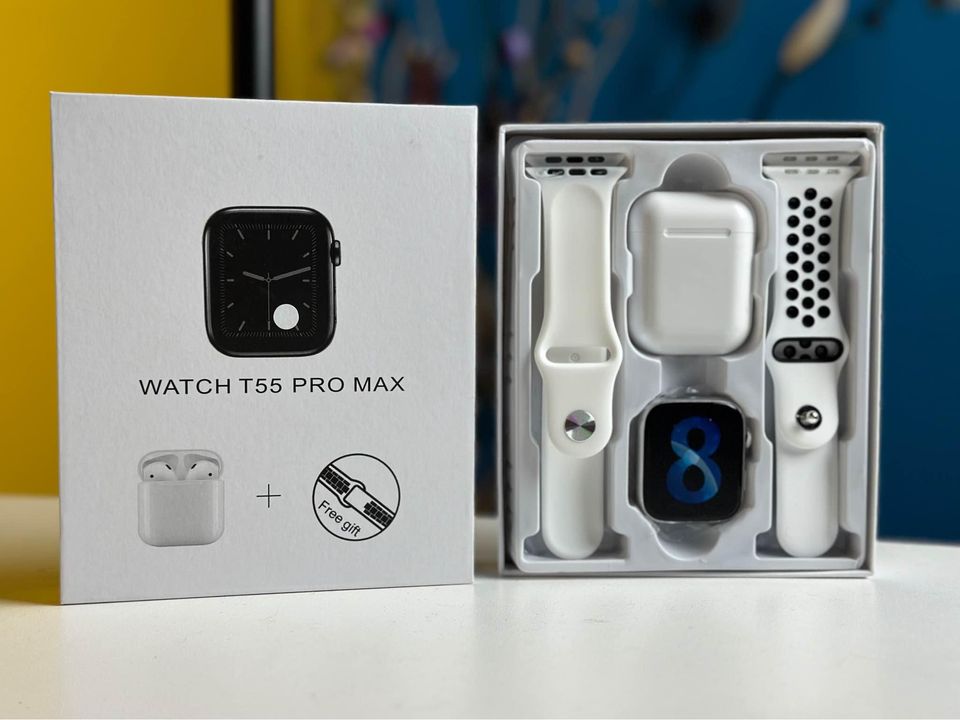 T55 Pro Max Smart Watch with Earbuds & Double Straps. 