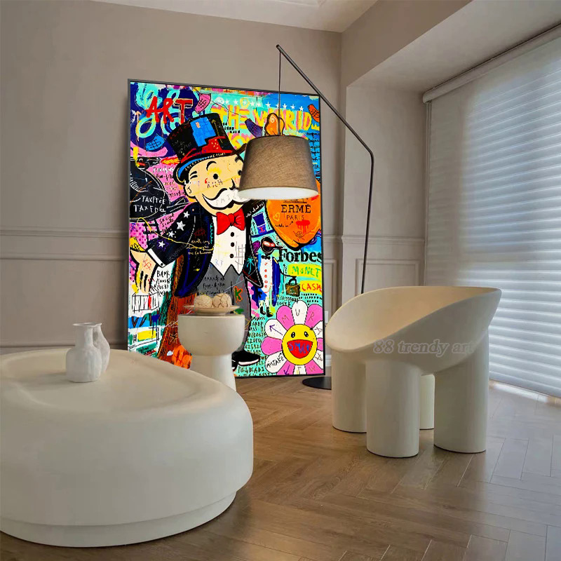 Pop Art Alec Monopoly Hold A Money Bag Posters Boss Rich Man with Mask Graffiti Canvas Painting The World Is Yours Cartoon Mural. 