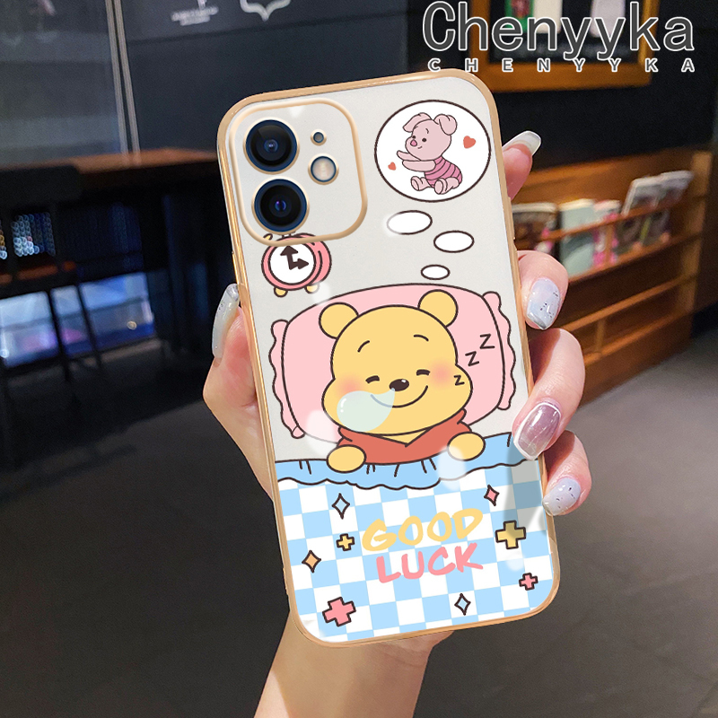 Chenyyka For vivo v23 4G V23 5G S12 5G Case Cartoon Winnie the Pooh New Design Plating Phone Case Square Edge Pattern Shockproof Soft Shell Full Cover Camera Lens Protection Case. 