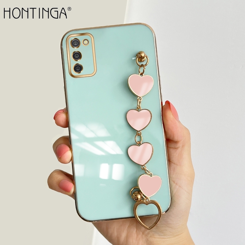 Hontinga for Samsung Galaxy A02S M02 Back Cover With Pink Love Heart Bracelet Case Luxury 6D Plating Soft Silicone Phone Cases