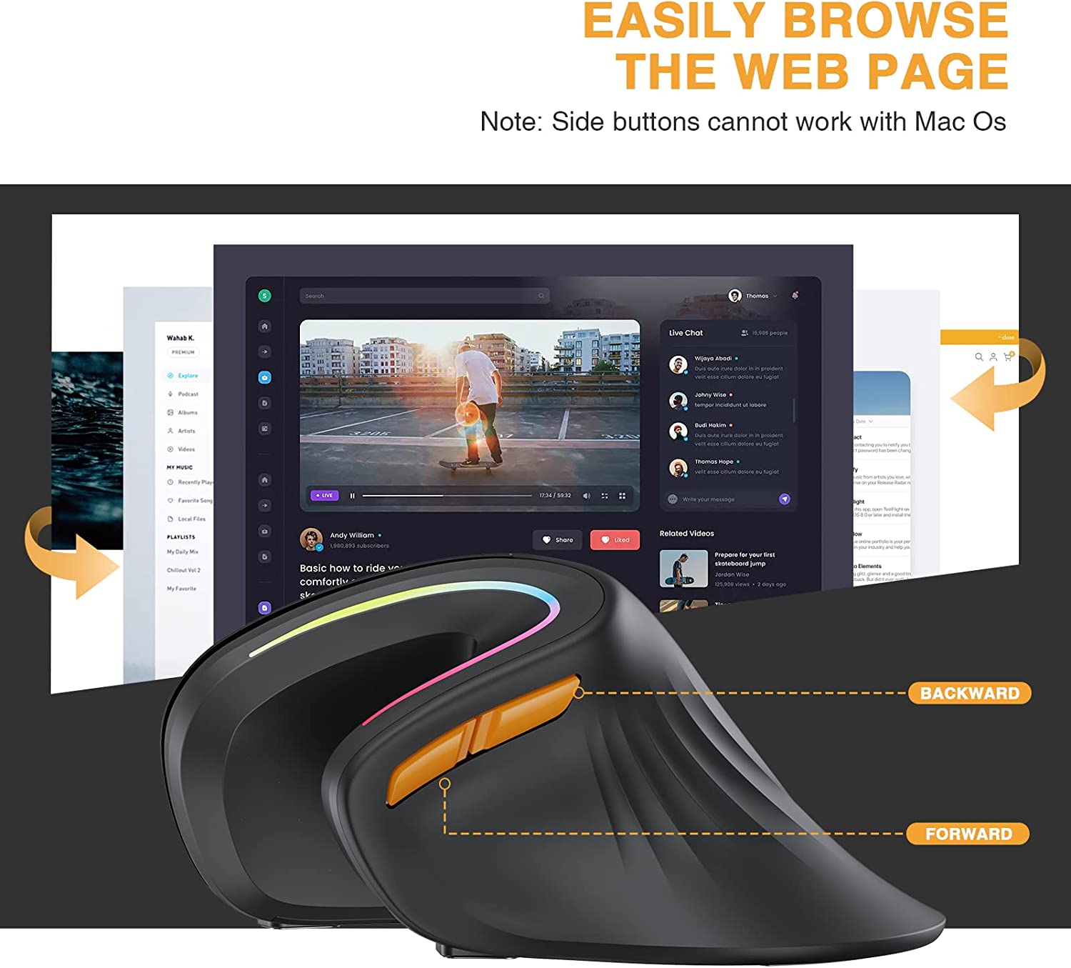 ProtoArc EM11 Bluetooth Wireless Vertical Mouse Rechargeable Ergonomic Mouse RGB Optical Vertical Mice for Windows Mac Android. 