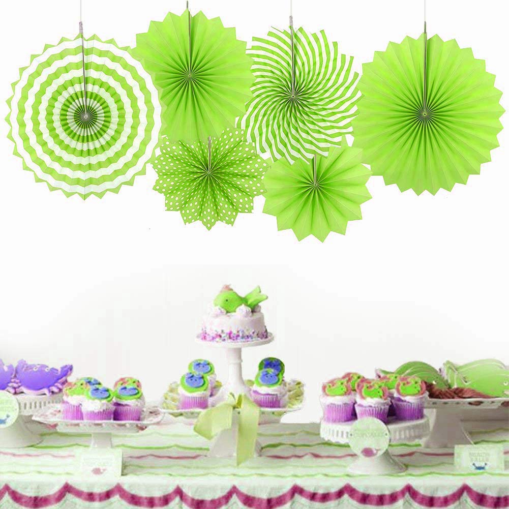 Decor Nation Hanging Paper Fans Party Set, Round Pattern Paper Garlands Decoration for Birthday Baby Boy Shower , Set of 6 (Green)