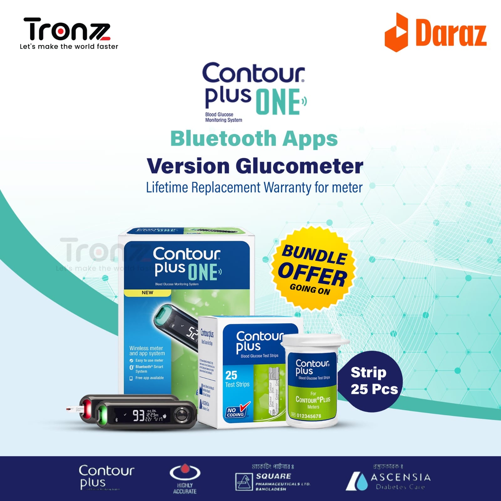 Contour Plus One Bluetooth-Enabled Glucose Meter with Smart Light Feature and 25 Pcs Strip Bundle Offer by TRONZZ