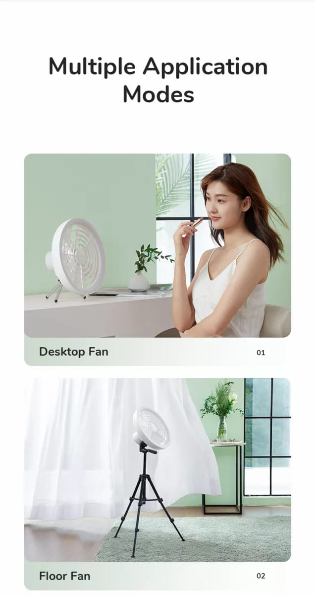 JISULIFE FA17 Rechargeable Fan with LED Ceiling Fan with Long Tripod Stand- White Color. 