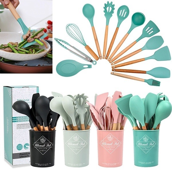 12Pcs Silicone Cooking Utensils Set Non-Stick Spatula Shovel Wooden Handle Cooking Tools Set - Complete Kitchen Arsenal With Versatile Utensil Set. 