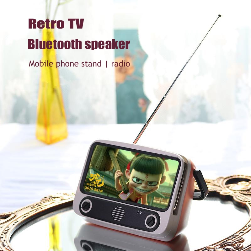 TV300 5W Retro TV Model Wireless Bluetooth Speaker with Holder, Support TF/USB/AUX/FM. 