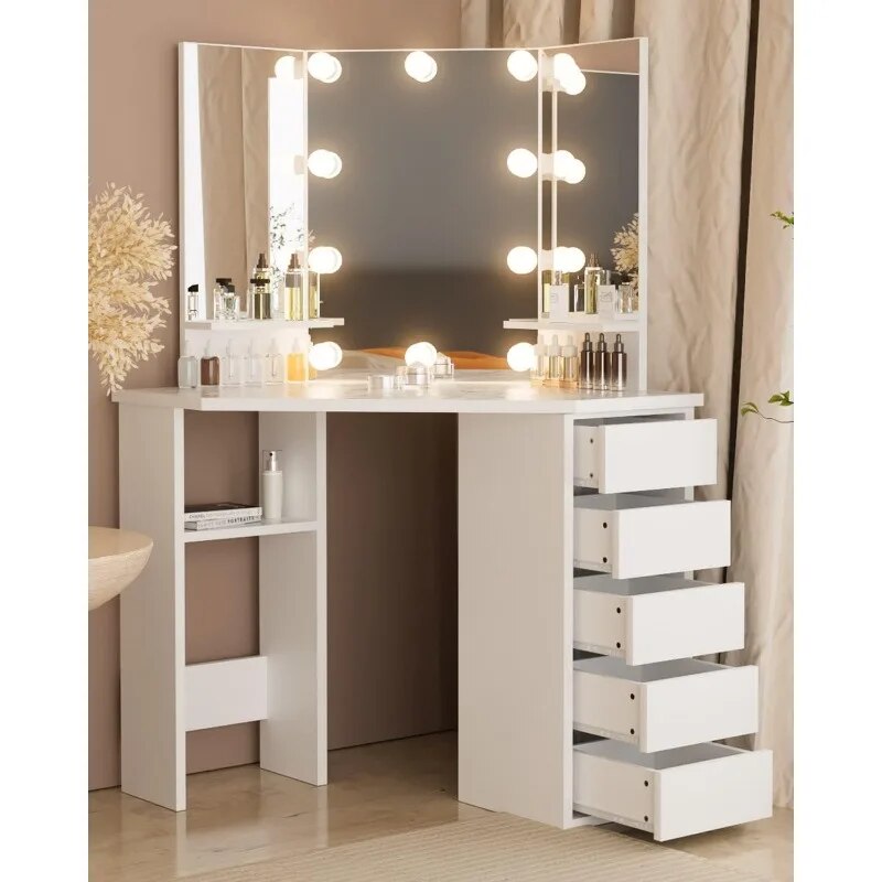 Corner Vanity Desk with Drawers and Mirror, Corner Makeup Vanity with Mirror and Lights, Small Bedroom Vanity Table Makeup Desk. 