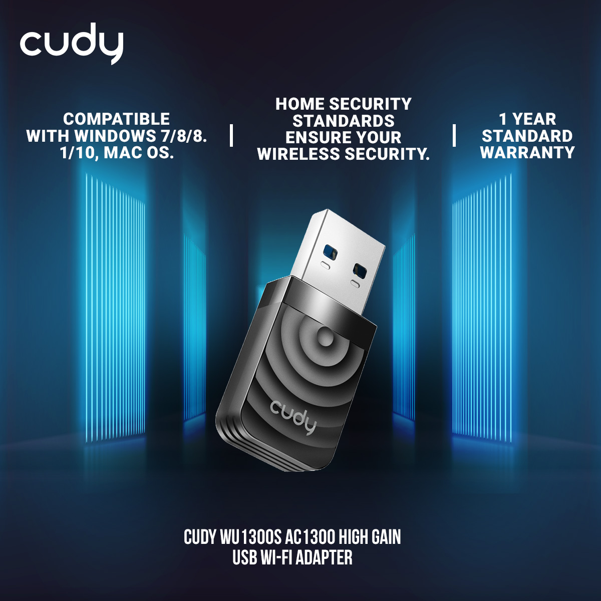 Cudy WU1300S AC1300 High Gain USB Wi-Fi Adapter - Upgrade to fast AC1300 WiFi speeds - Dual Band Ideal for video streaming and online gaming - High Gain Antenna provides powerful signal - Compatible with Windows 7/8/8.1/10, mac OS. 