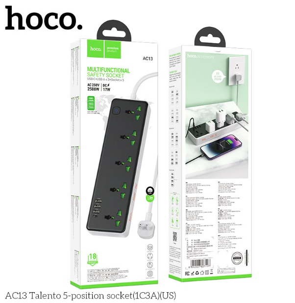 HOCO AC13A Talento 5-Position Socket (1C3A) (EU) – Black Color Original Product. 