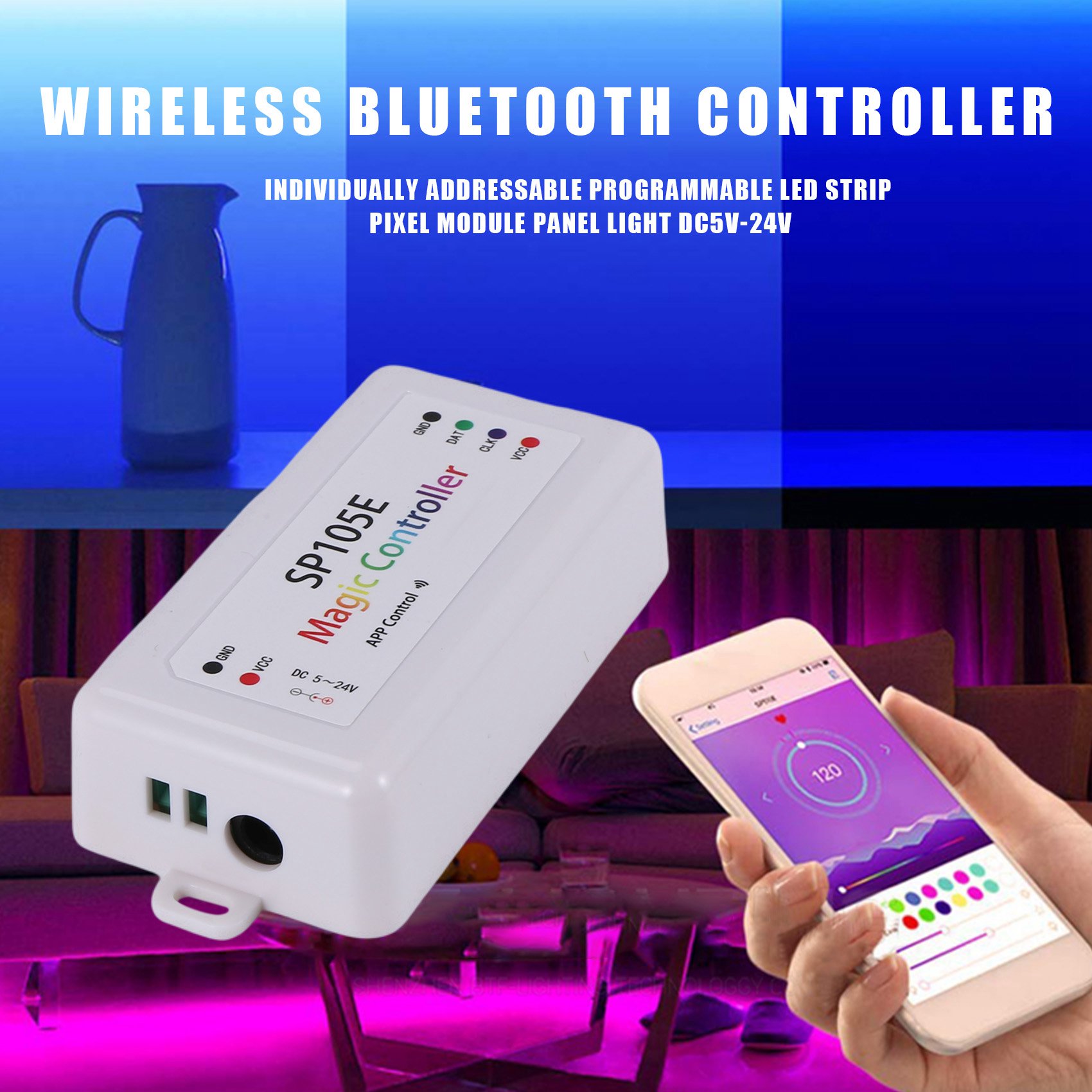 SP105E Wireless Bluetooth Controller APP WS2811 WS2812B WS2801 SK6812 APA102 Individually Addressable Programmable LED Strip Pixel Module Panel Light DC5V-24V for IOS/Android. 