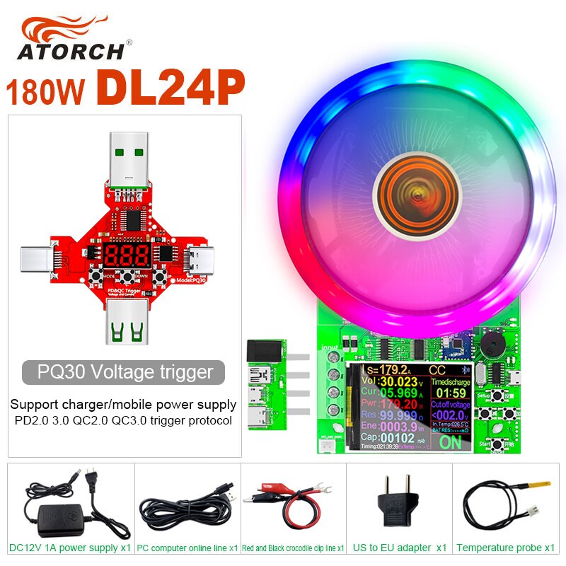 180W DC tester APP electronic load lithium battery capacity monitor discharge charge power meter supply checker + PD/QC Trigger. 
