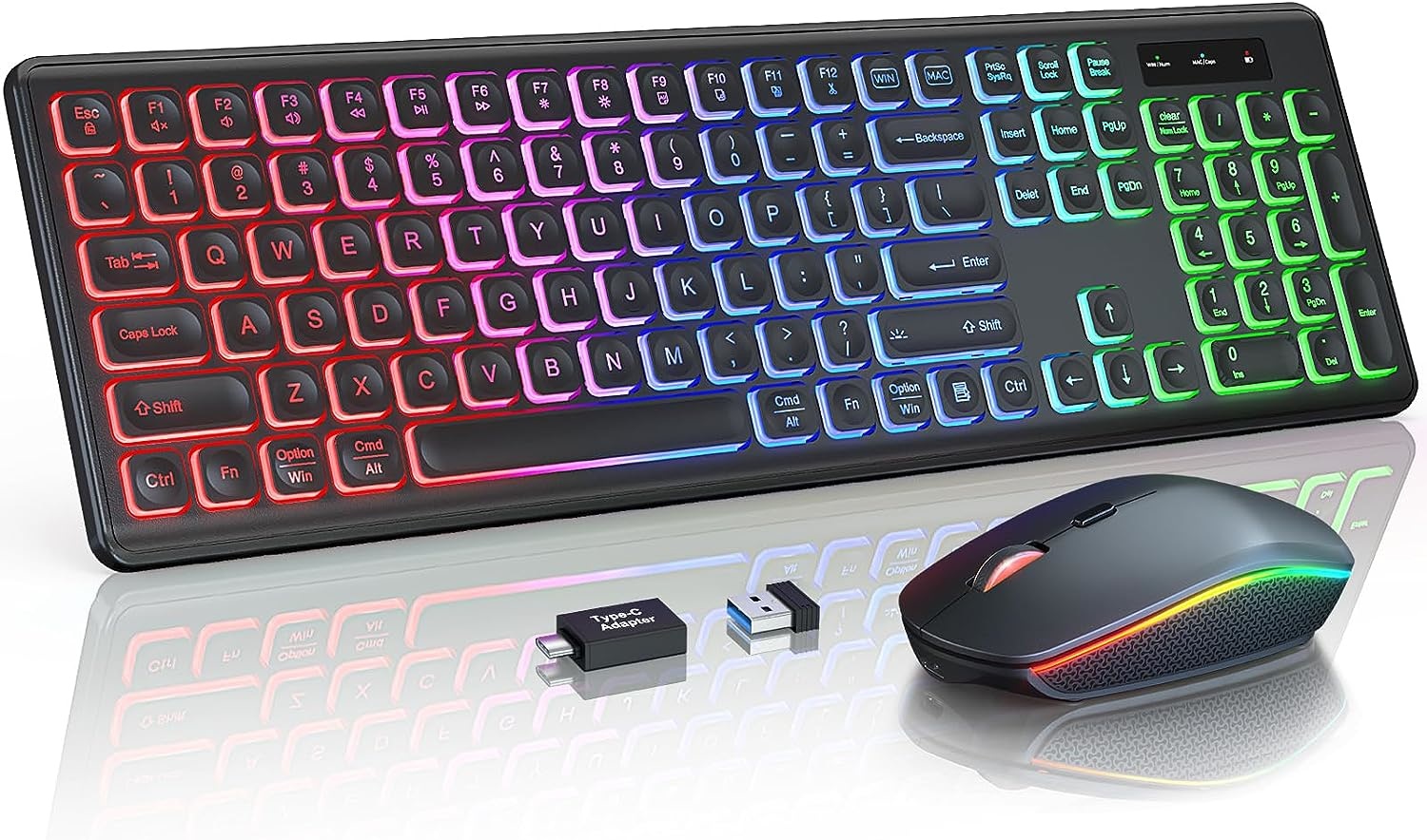 Wireless Keyboard and Mouse Combo RGB Backlit, Rechargeable Light Up Letters, Full-Size, Ergonomic, Sleep Mode, 2.4GHz. 