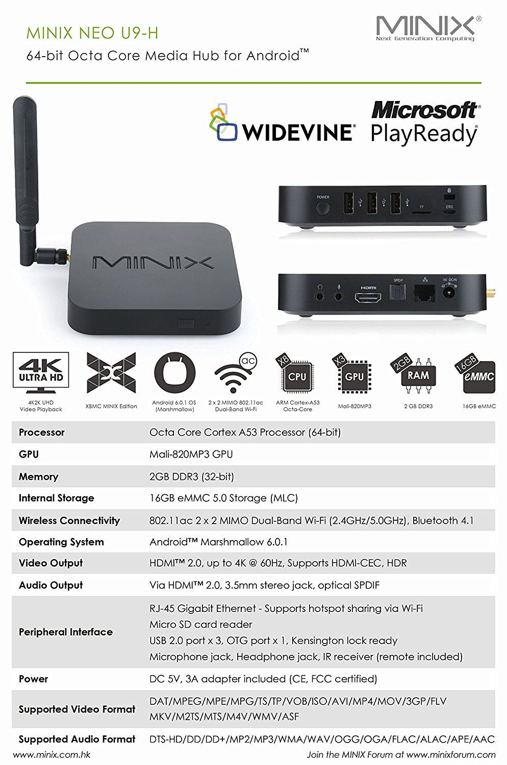 MINIX NEO U9-H Android media player, Amlogic S912-H, Octa Core 2G/16G 802.11ac Ultra HD , Dolby Audio, 4K HDR. 