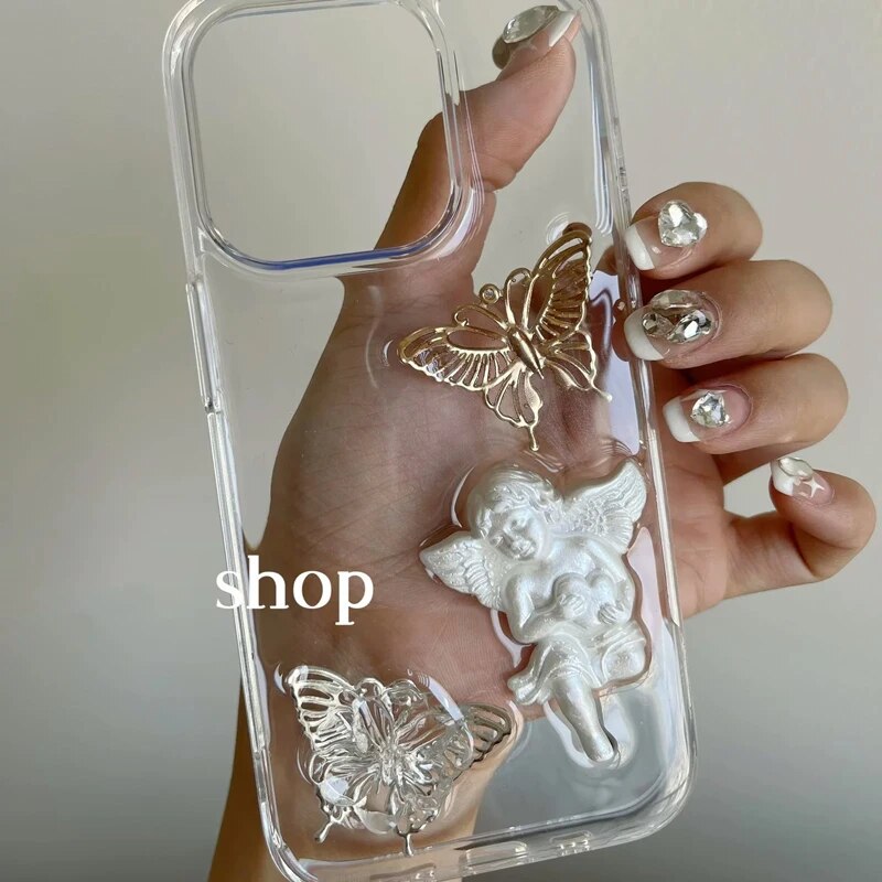 Retro 3D Angel Aesthetic Transparent Phone Case For iphone 15 14 13 12 11 Pro Max MiNi X XS XR 7 8 Plus SE Girl Epoxy Soft Cover