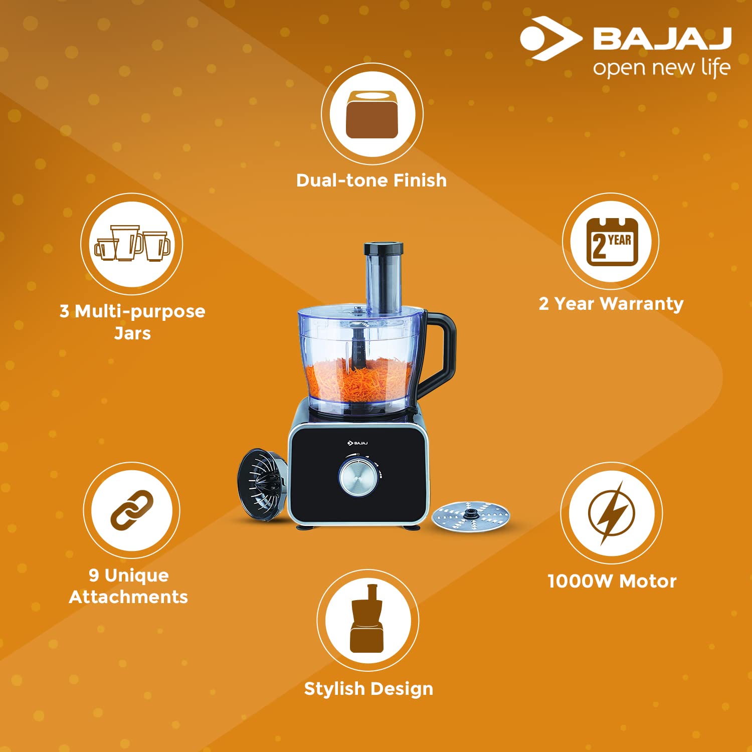 Bajaj FX-1000 DLX 1000 Watts Food Processor and Mixer Grinder with 9 attachments (Black) India. 
