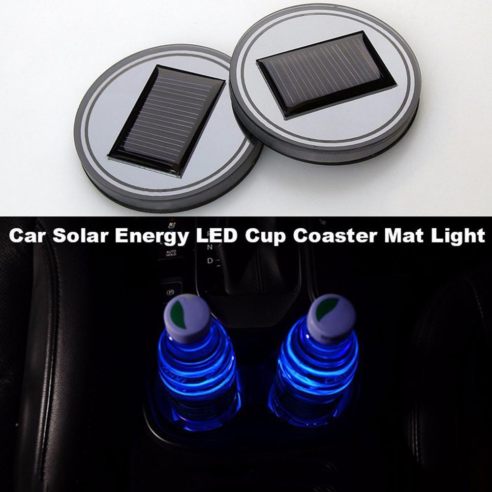 2 PCS Solar Cup Holder Bottom Pad BLUE LED Light Cover Trim Atmosphere Lamp