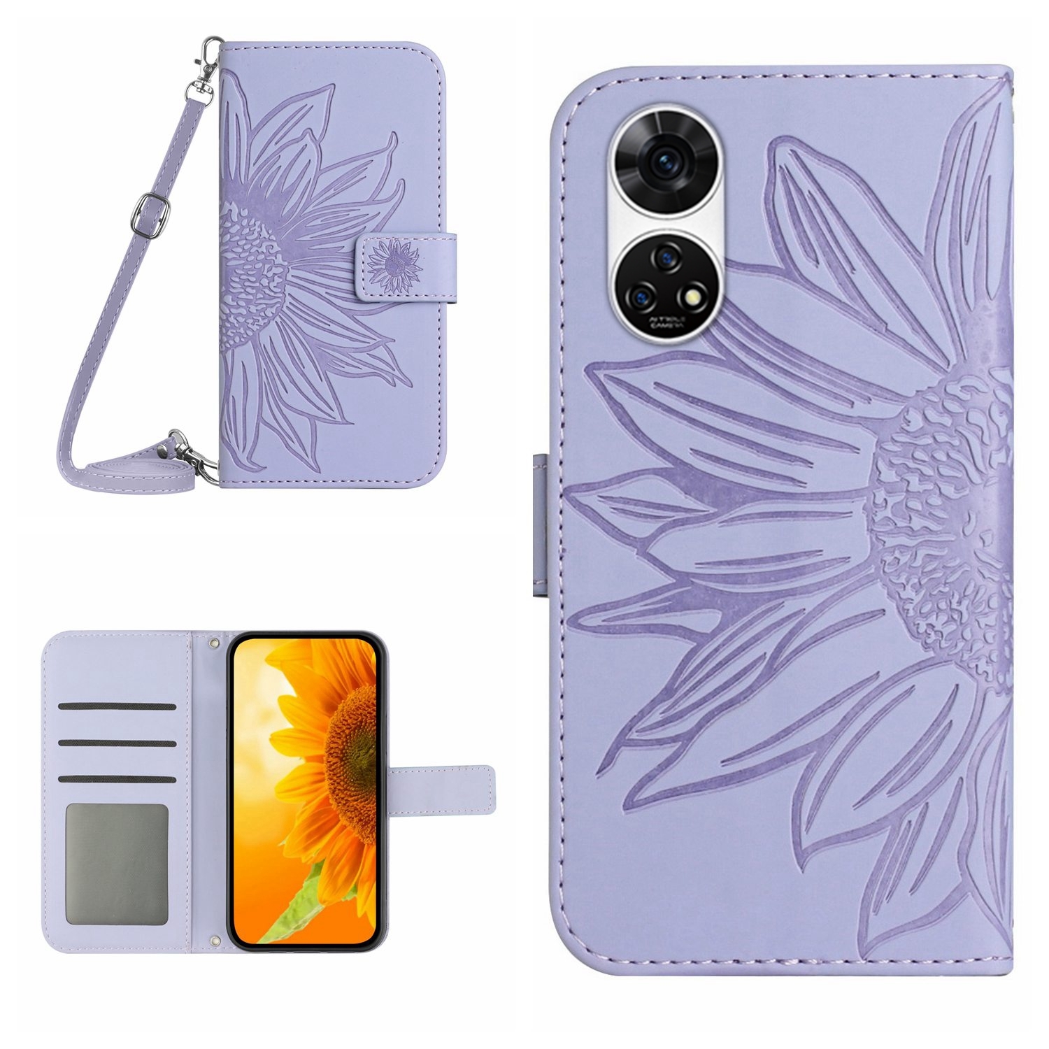 (New)Skin Feel Sun Flower Pattern Leather Phone Case with Lanyard For ZTE Anshin Family A303ZT
