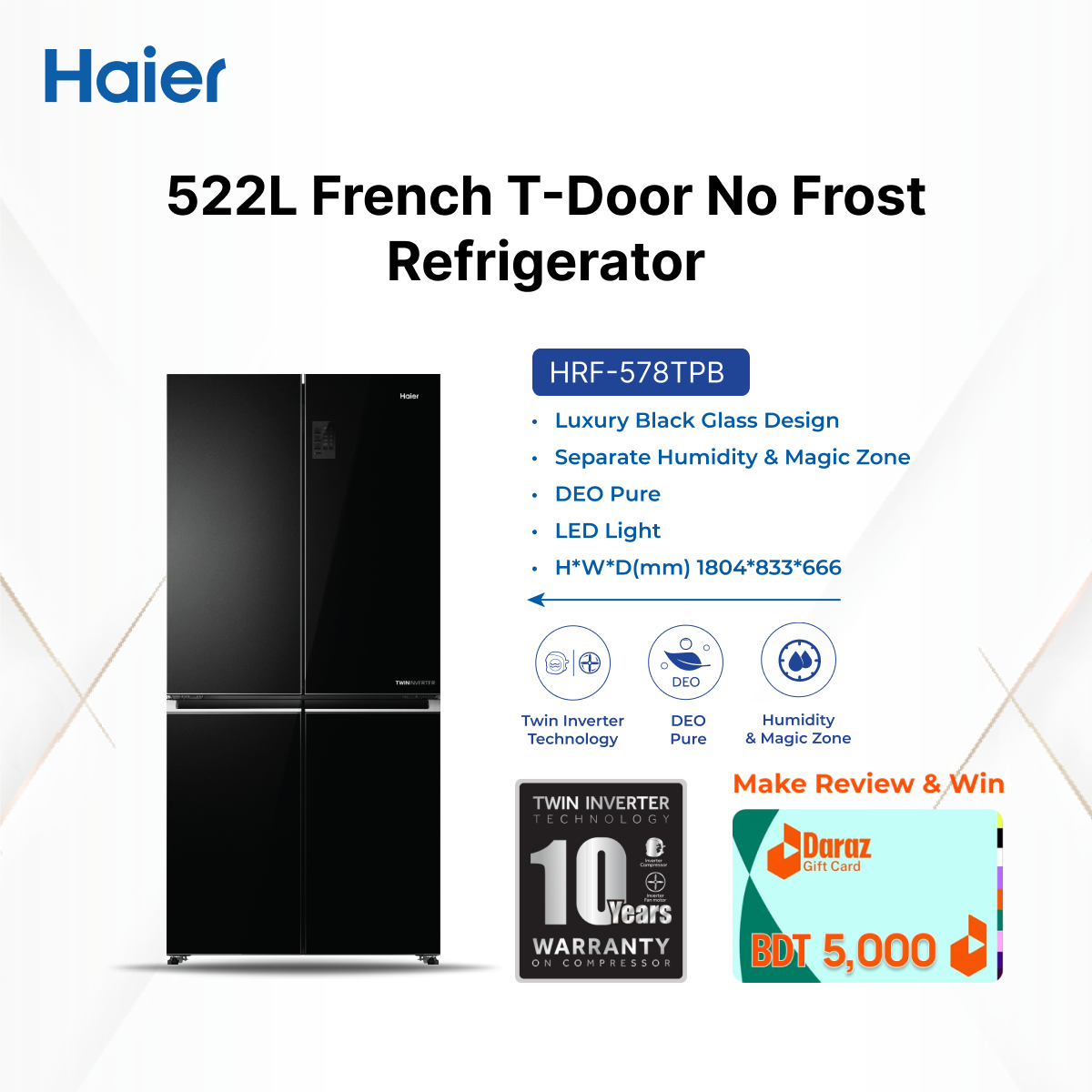 Haier HRF-578TPB 522Ltr Black French T-Door No Frost Refrigerator with Free delivery