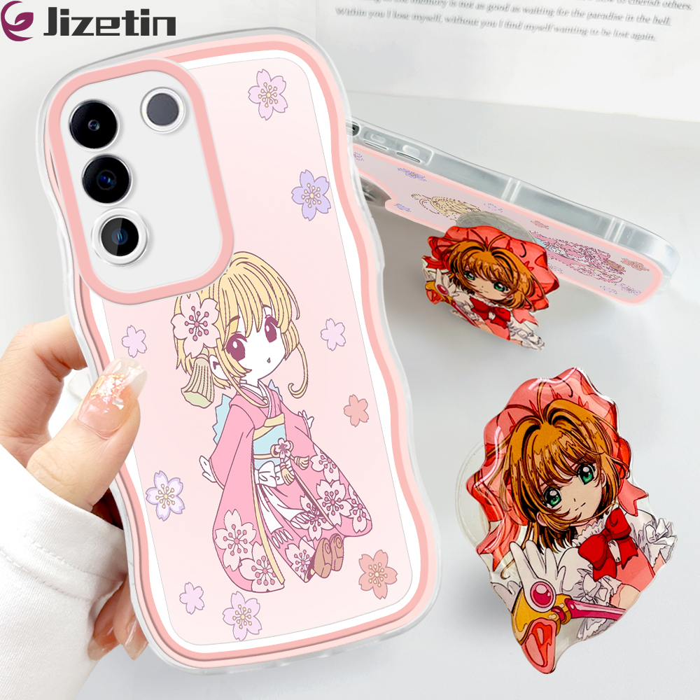 Jizetin for Vivo V27E Back Cover + Free Pop Socket Cardcaptor Sakura Soft Wavy Shape TPU Phone Case For Girls Boys