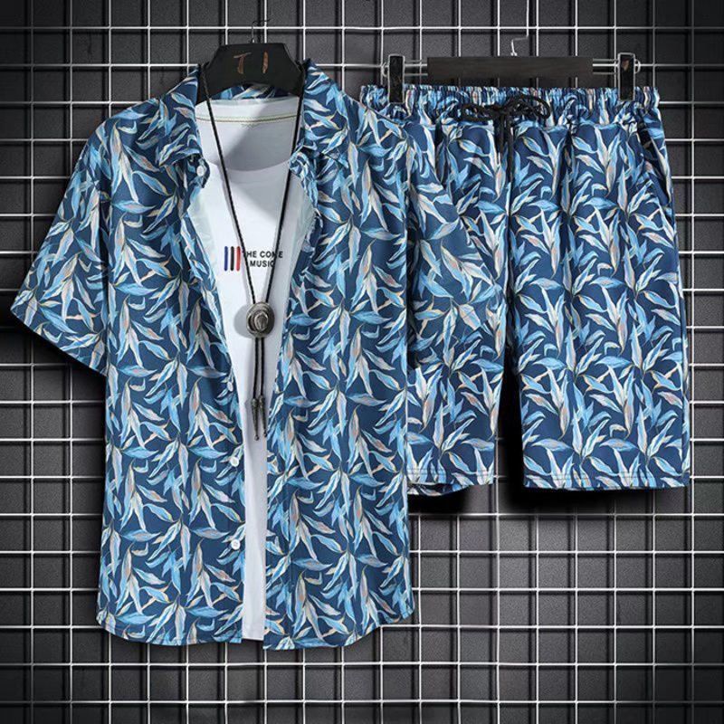 Hawaiian Style Beach Pants Men's Loose Quick-Dry Casual Suit Printed Shirt Shorts Couple plus Size Set. 