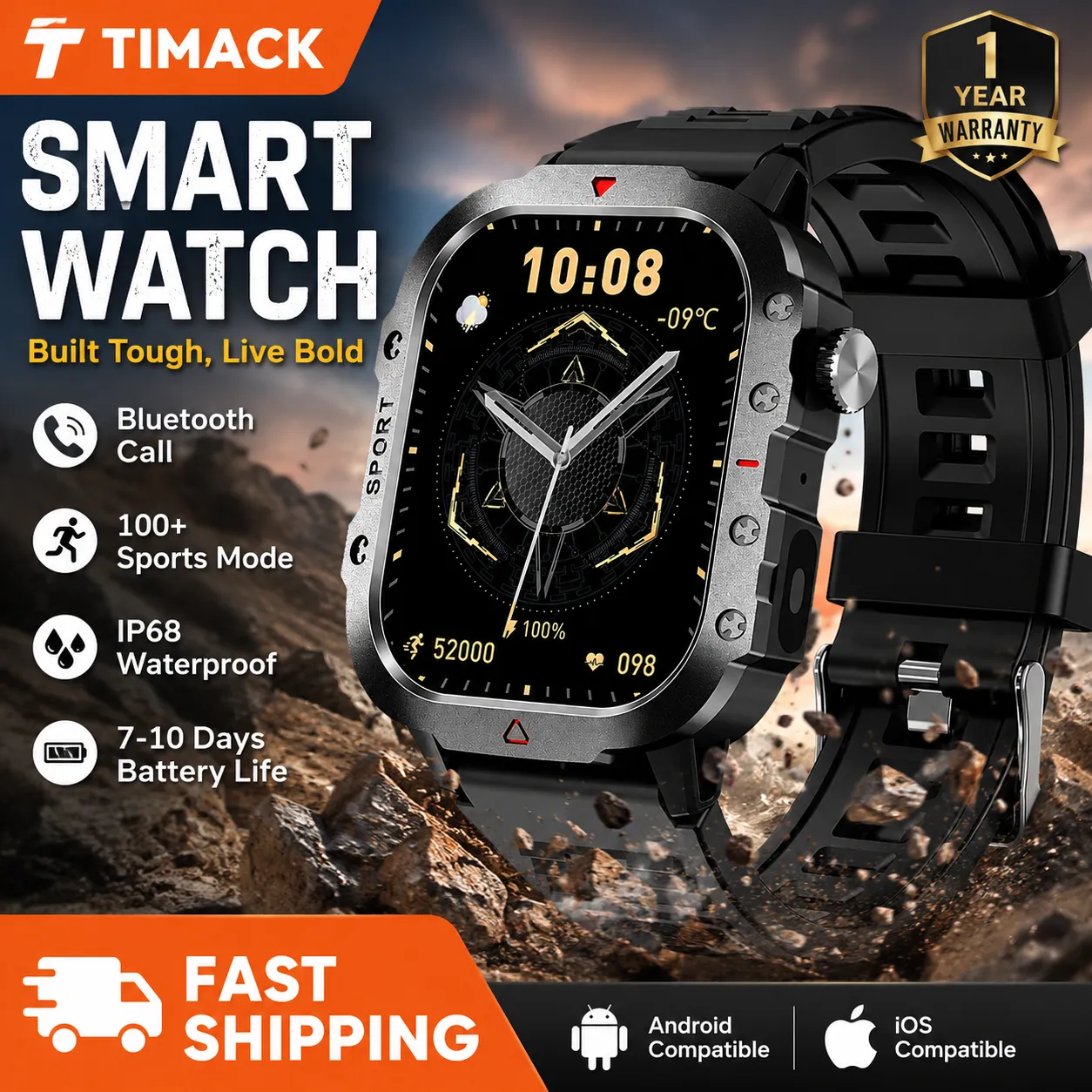 TIMACK® H11 Smart Watch 1.99" HD Full Touch Screen Men Bluetooth Call 44*38*13mm Magnetic Wireless Charging Custom Picture Smartwatch for IOS Android for Men Women Holiday Gifts