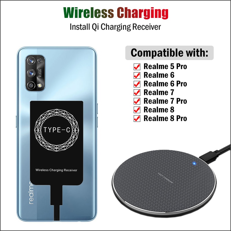 Qi Wireless Charging Receiver for Realme 6 7 8 9 Pro Plus 9 Pro+ Phone Wireless Charger Pad with USB Type-C Charging Adapter. 