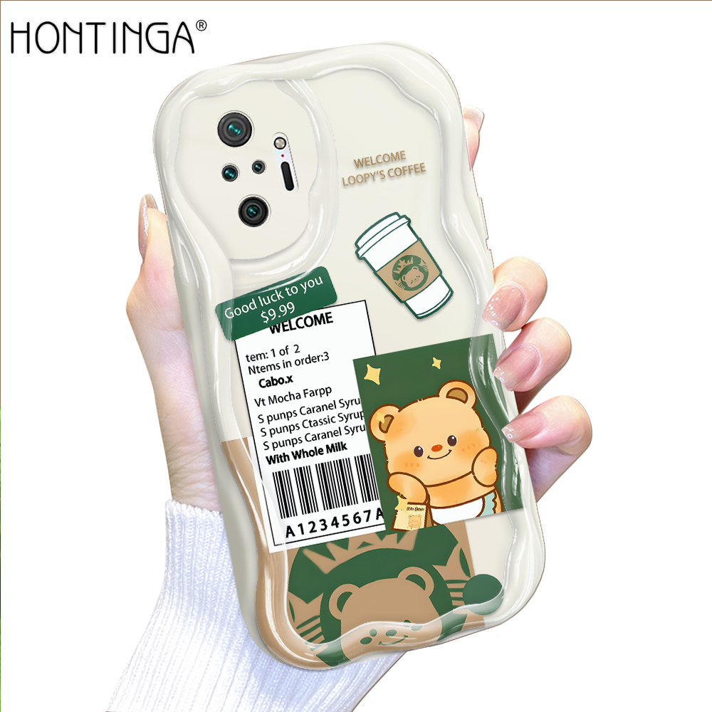 Hontinga for Redmi Note 10 Pro Note 10 Pro Max Back Cover Cute Bear Coffee Cream Texture Phone Case Wavy Edge Soft Silicone Cover