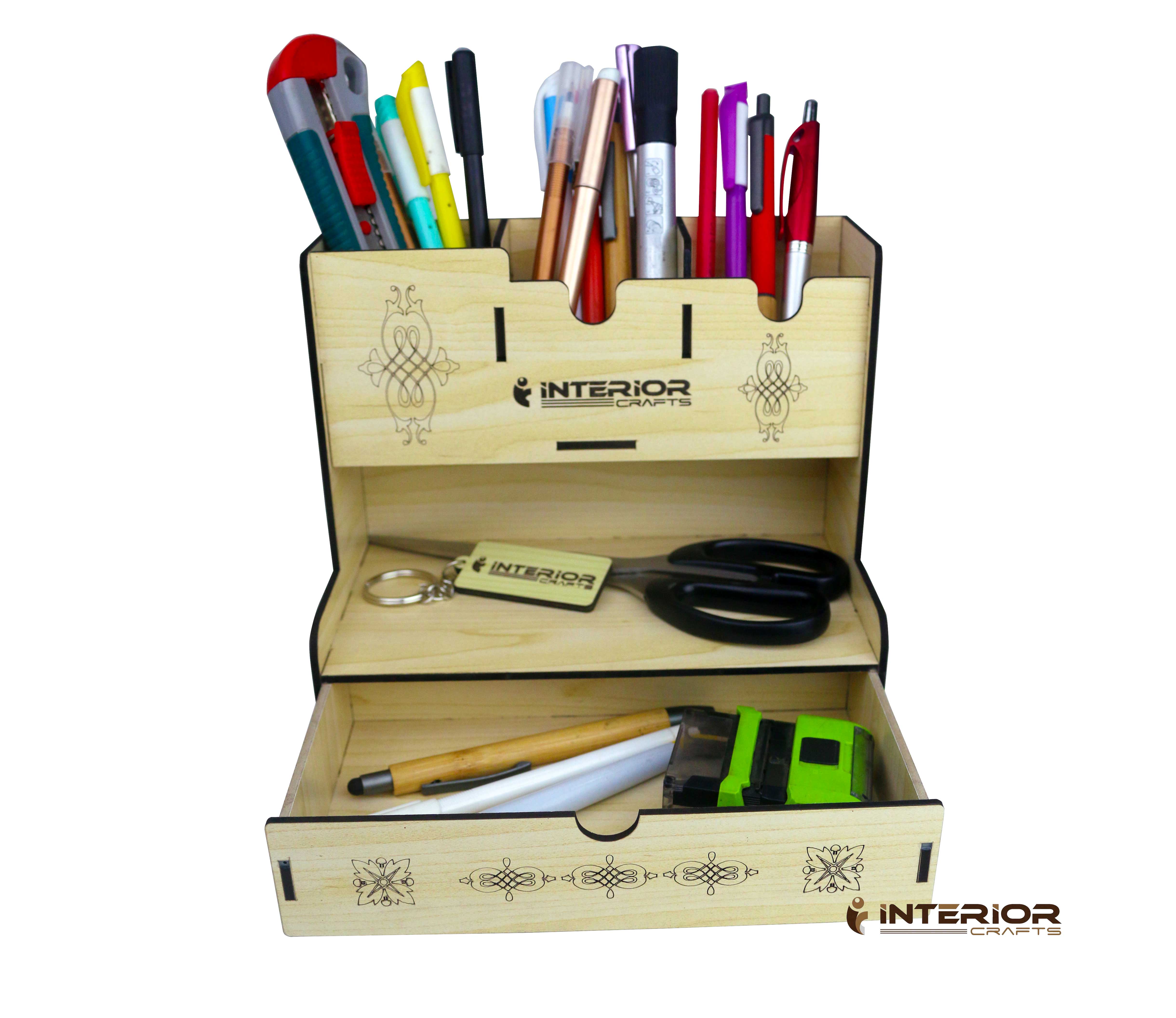 Wooden Desk Organizer, Big Multi-Functional Desktop Pencil Holder Box Storage Rack with Drawer - Easy Assembly - Home Office School INTE-3487. 