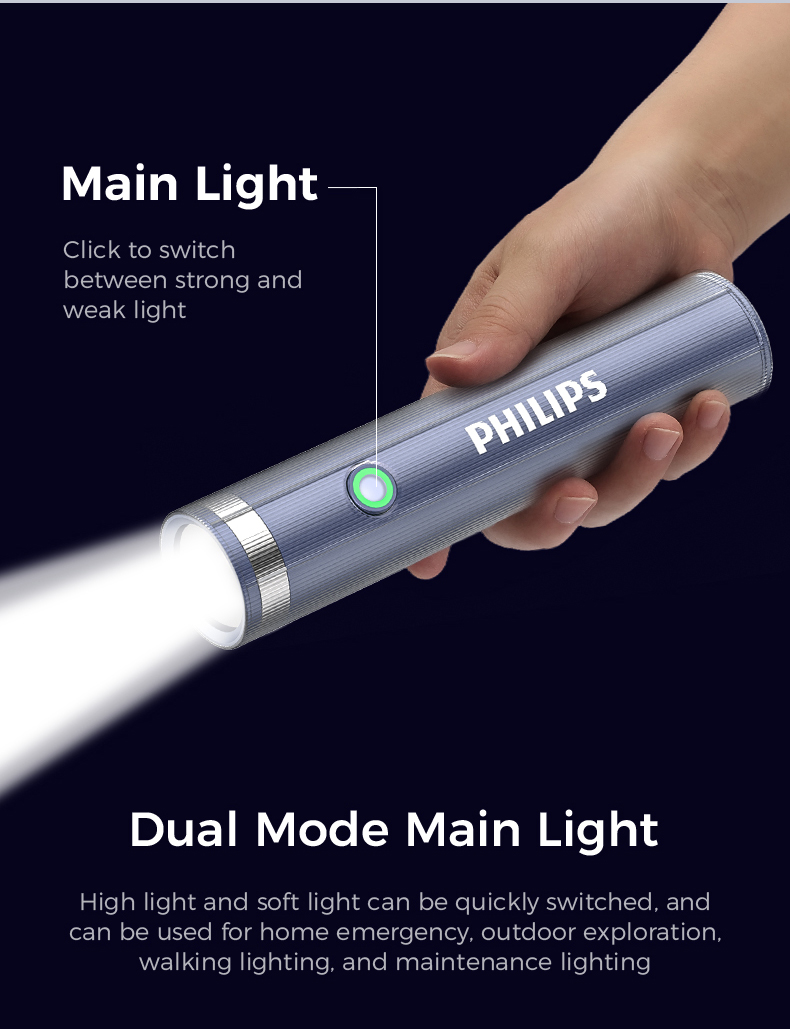 Philips Rechargeable Flashlight with Side Light, 4 Modes Portable Torch, LED Super Bright, Side Light as Desk Lamp, Camping Light, Reading Lamp. 