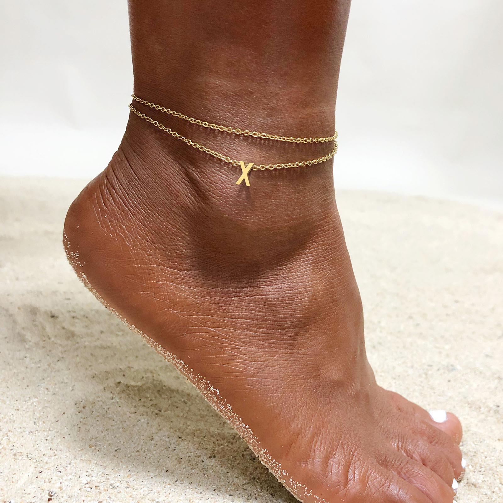 Huanmu Jewelry 26 English Letters Double Layer Anklet Gold Women's Summer Foot Accessory Can Be Stacked and Weared on Vacation Beach