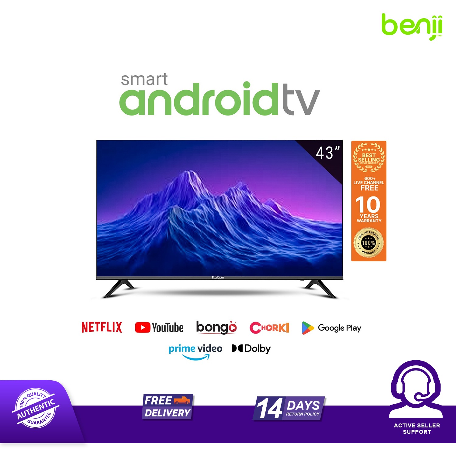 Kugou 43 inch TV Android Smart TV Wi-Fi FHD LED Smart TV
