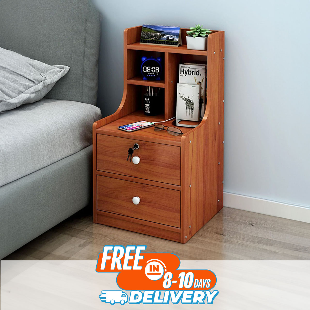 RK MDF M10 Exclusive Bed Side Table With Drawers Shanteak, White and Beige Finish