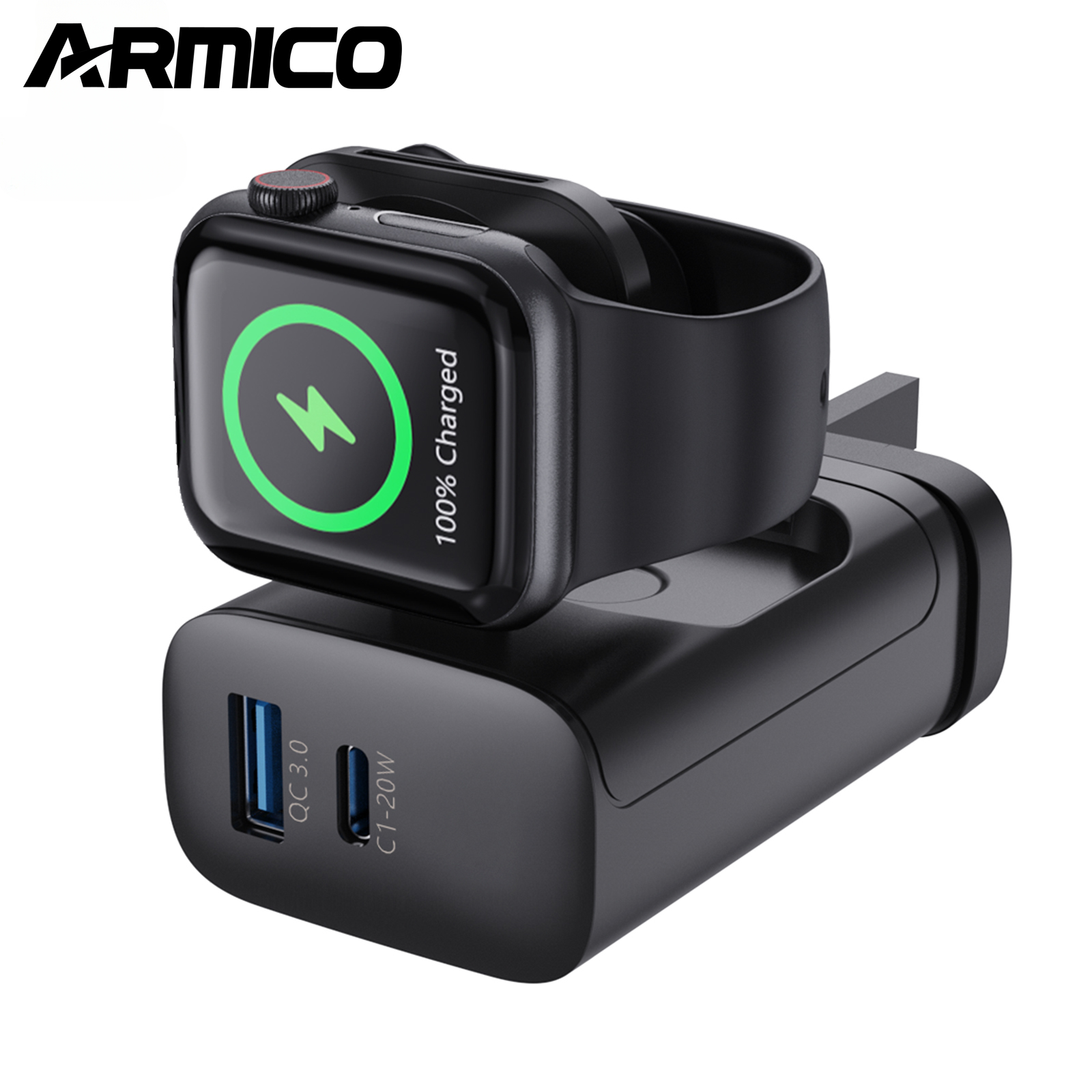 ARMICO 23W for Apple Charging Block with Built-in Watch Charger, Foldable PD Fast Charger Block for iPhone, Dual Ports Wall Charger Compatible with Apple Watch iPhone