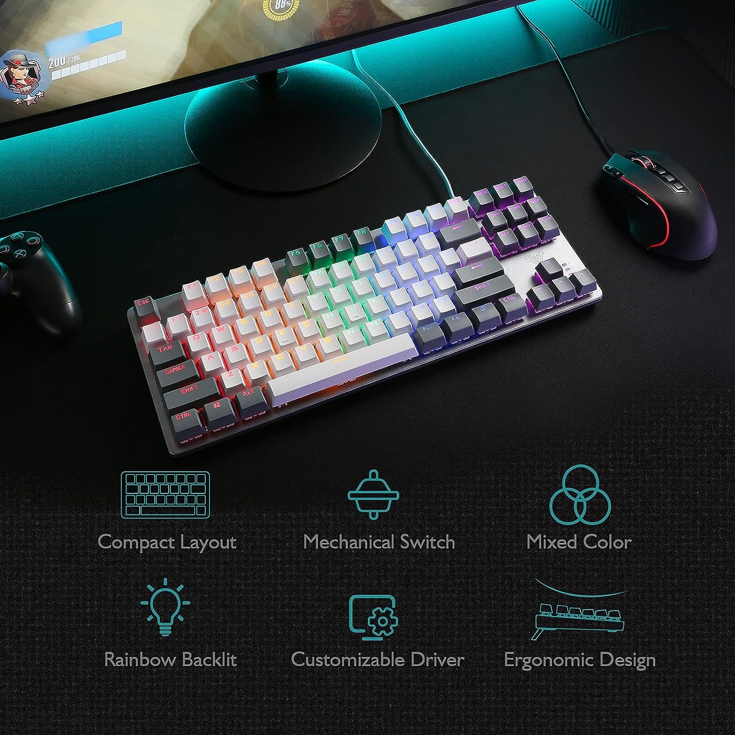 AULA F3287 Wired TKL Rainbow Mechanical Gaming Keyboard, 80% Compact Tenkeyless 87 Keys Layout w/Tactile Blue Switches, White & Grey Mixed-Color Keycaps, Programmable Macro Keys. 