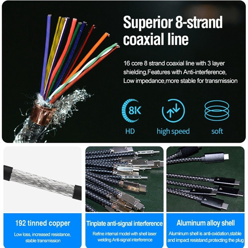 Type-C Cable 40gbps Cable USB C 8K 60Hz Certified 40Gbps Fast Speed PD100W for Macbook Pro Acer USB 4 C422. 