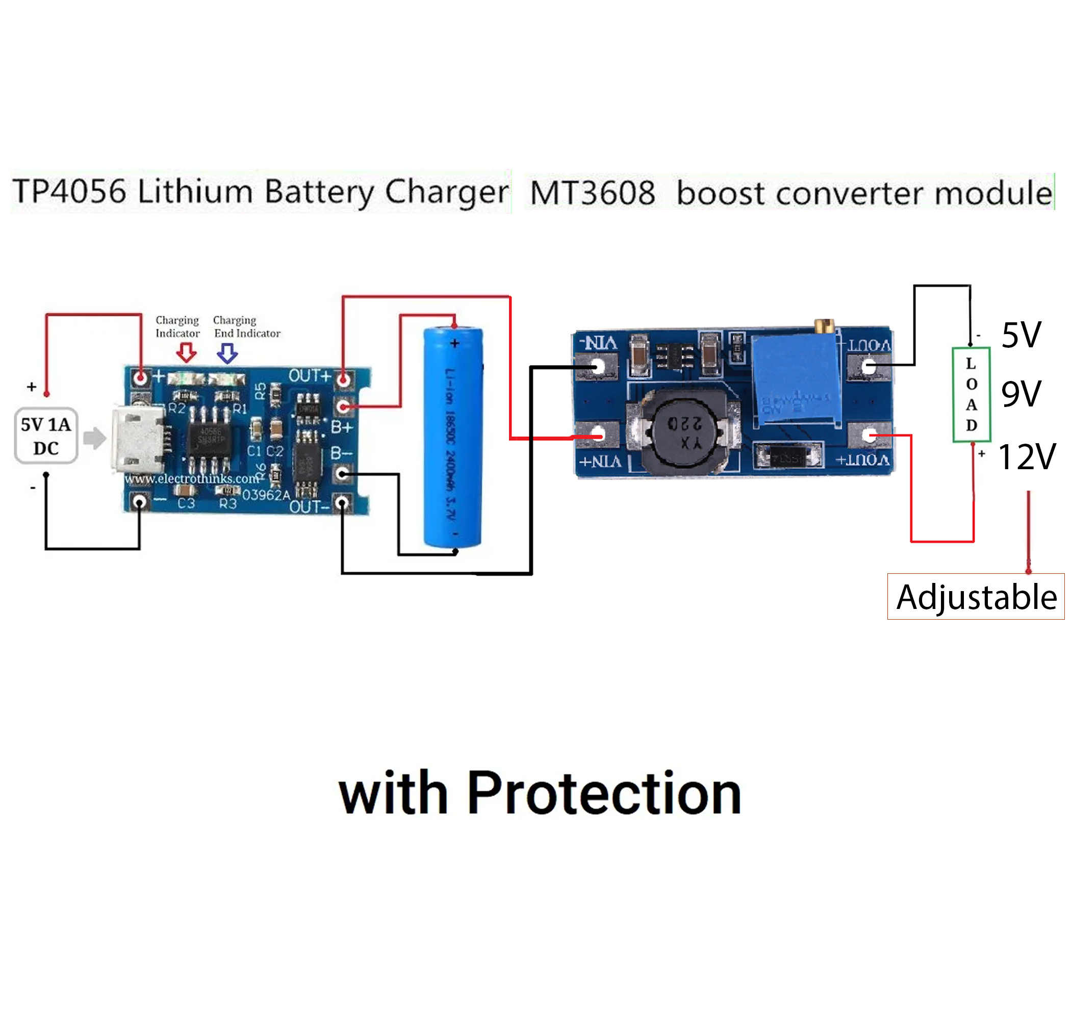 HW-357 TP4056 3.7V Lithium 18650 Battery Charging Protection With MT3608 2A Adjustable 4.5V-27V Step up Converter Module for DIY Router UPS. 
