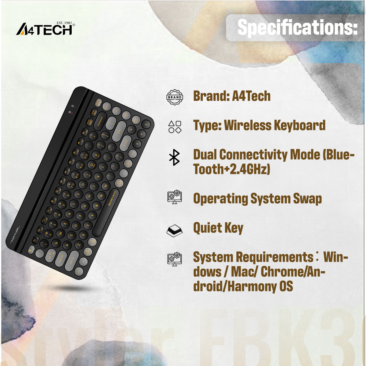 A4tech Fstyler FBK30 Multi-Mode Wireless Keyboard - 2.4G & Bluetooth Connection - Mobile/Tablets Stand - Round Keycaps - Compact Size - Compatible with Windows / Mac / iOS / Android - Blackcurrent. 