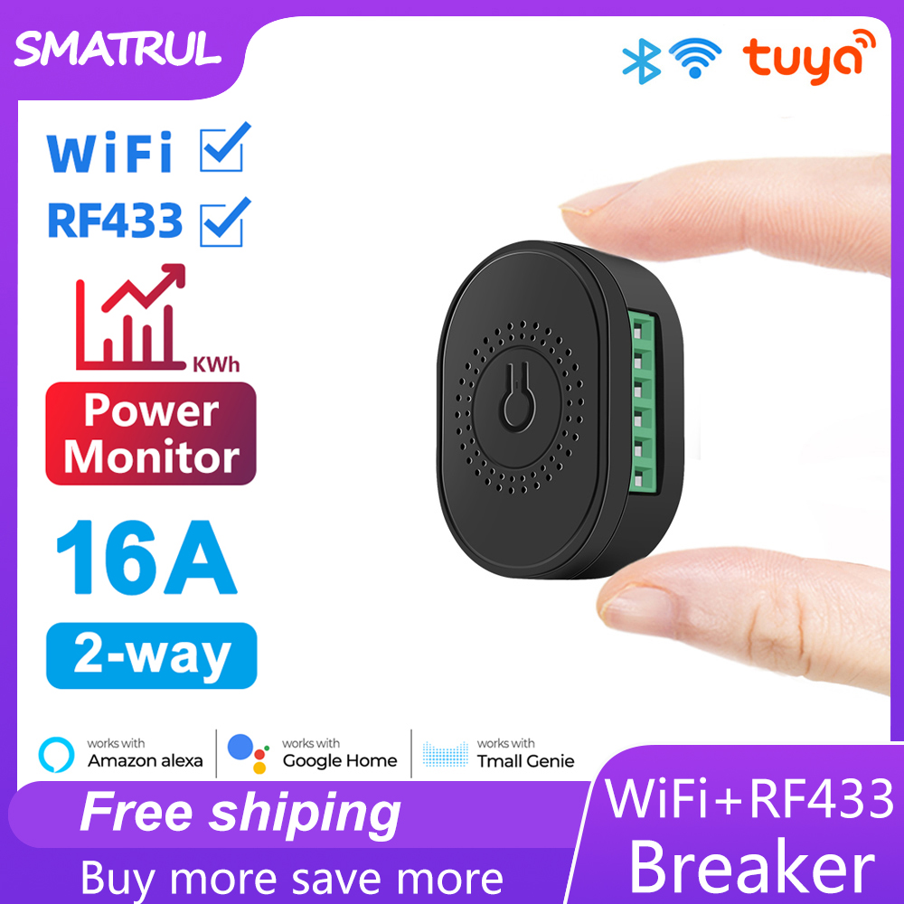 【Fashion】Tuya smart wireless switch-with monitor-16A mini 2 way timer breaker-work for Google Home Alexa. 