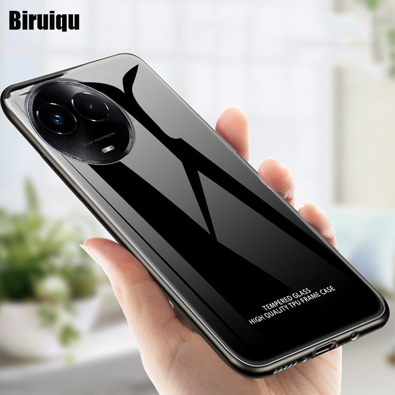 Biruiqu For Realme 11X 5G Shockproof Tempered Glass Back Soft Silicone Edge Black Case Cover Casing