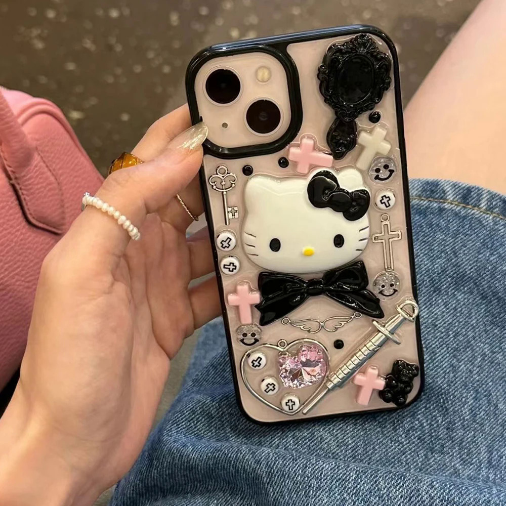 【Emotion HENG】Sanrio 3D Hello Kitty with bracelet clear phone case for iPhone 15 14 13 12 11 pro Max 15pro anti-fall back cover Y2K girl gift. 