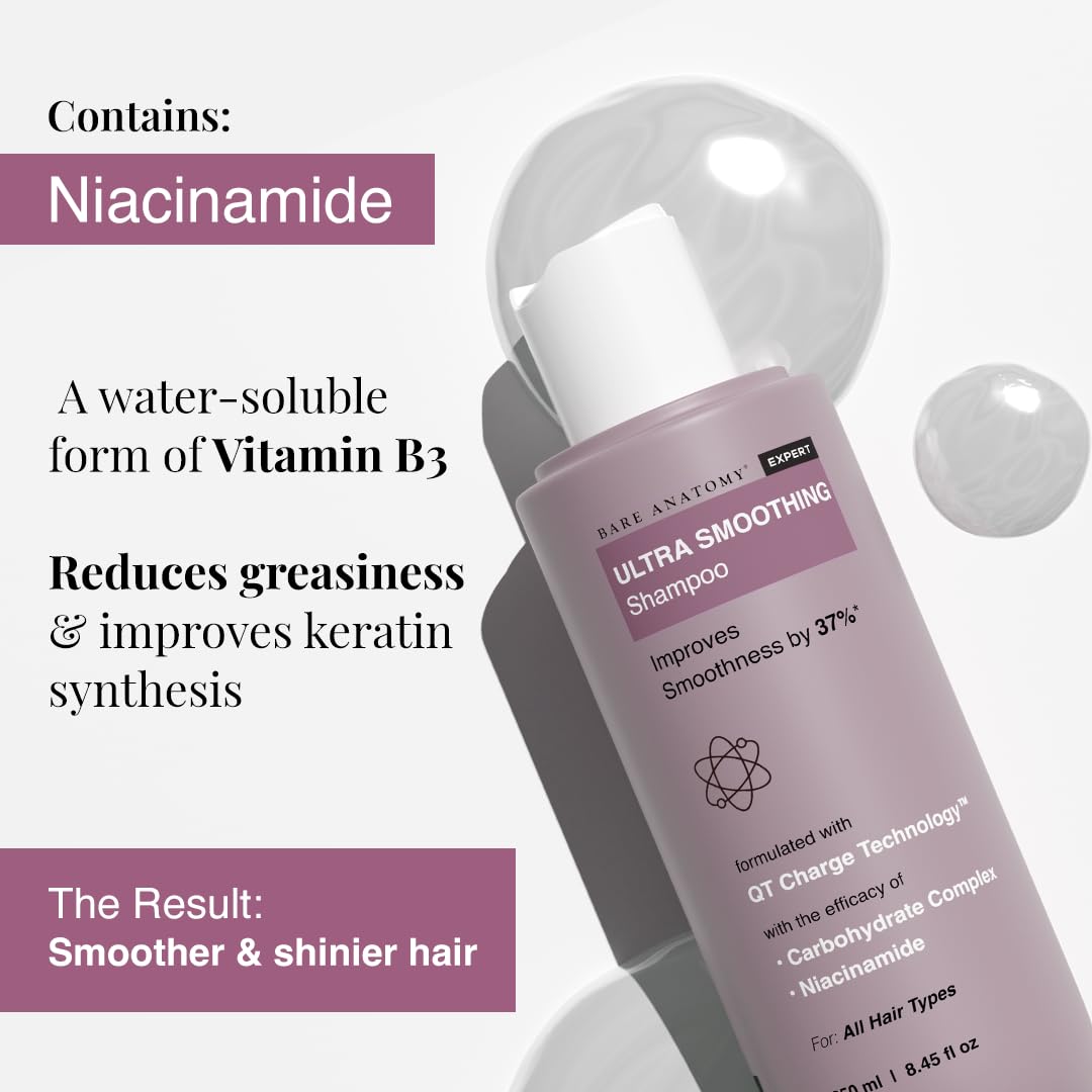 Bare Anatomy Ultra Smoothing Shampoo for Dry and Frizzy Hair | Restores Smoothing & Texture by 37% | Powered By Carbohydrate Complex & Niacinamide | SLS & Paraben Free | Vegan | For Men & Women -250ml. 